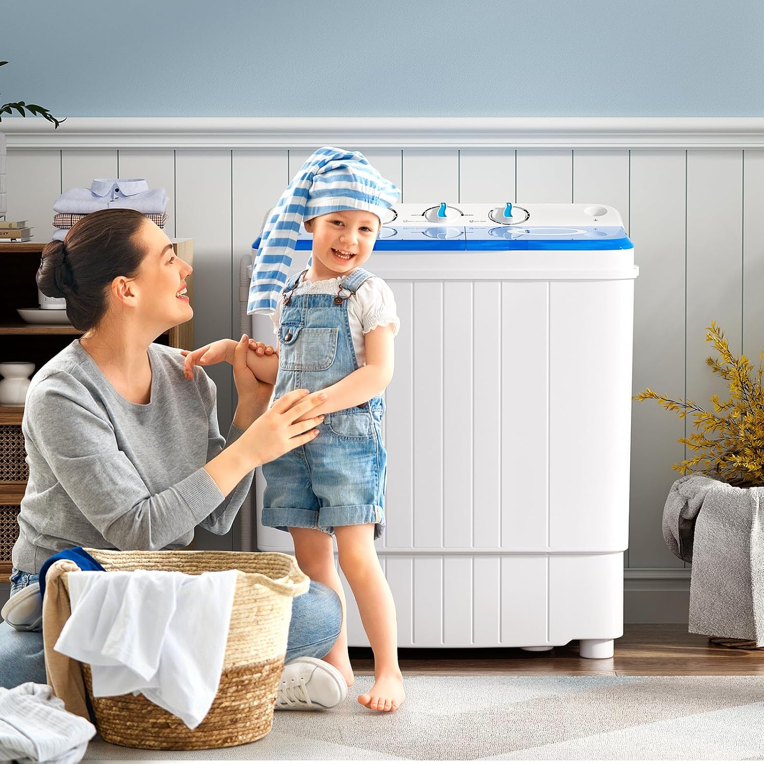 Giantex Portable Washing Machine, 17.6lbs Compact Washer Spinner Combo with Pump Drain, Twin Tub 11lbs Wash & 6.6lbs Spin, Lavadoras Portatiles for Apartment RV Dorm College (White & Blue)