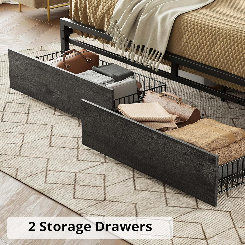 LIKIMIO California King Bed Frame with Storage Headboard, Platform Bed with Drawers and Charging Station, No Box Spring Needed, Easy Assembly, Charcoal Grey