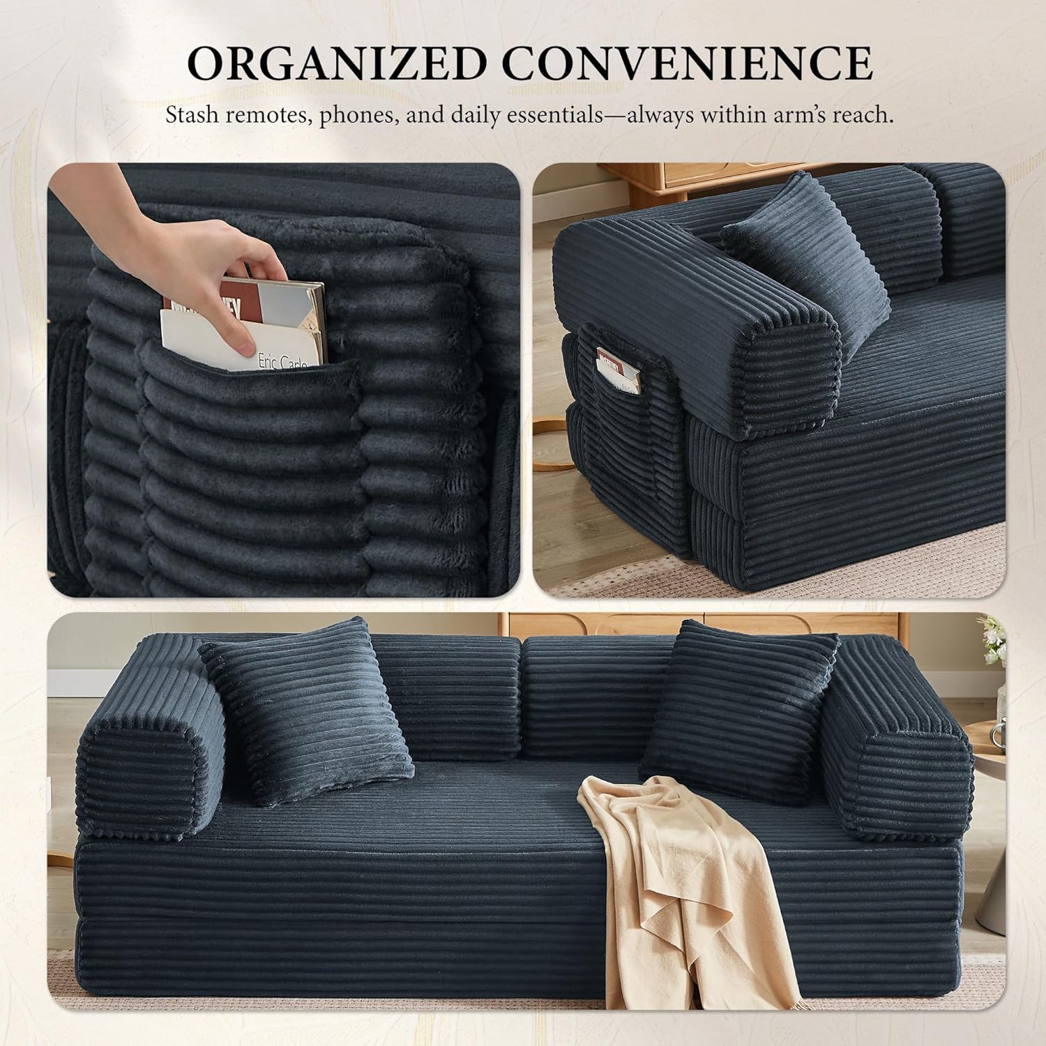 Boneless Couch Folding Couches for Living Room Sofa, Futon Sofa Bed with Sleeper Sofa, Futon Couch with Fixed-Shape Oversized Corduroy Upholstered (Dark Gray, 81 Inches)