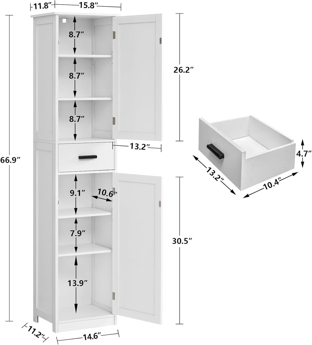 TEENFON Tall Bathroom Cabinet, Storage Cabinet with 6 Shelves & Drawer, Bathroom Storage Cabinet with Adjustable Shelves, Tall Cabinet for Living Room, Home Office, White