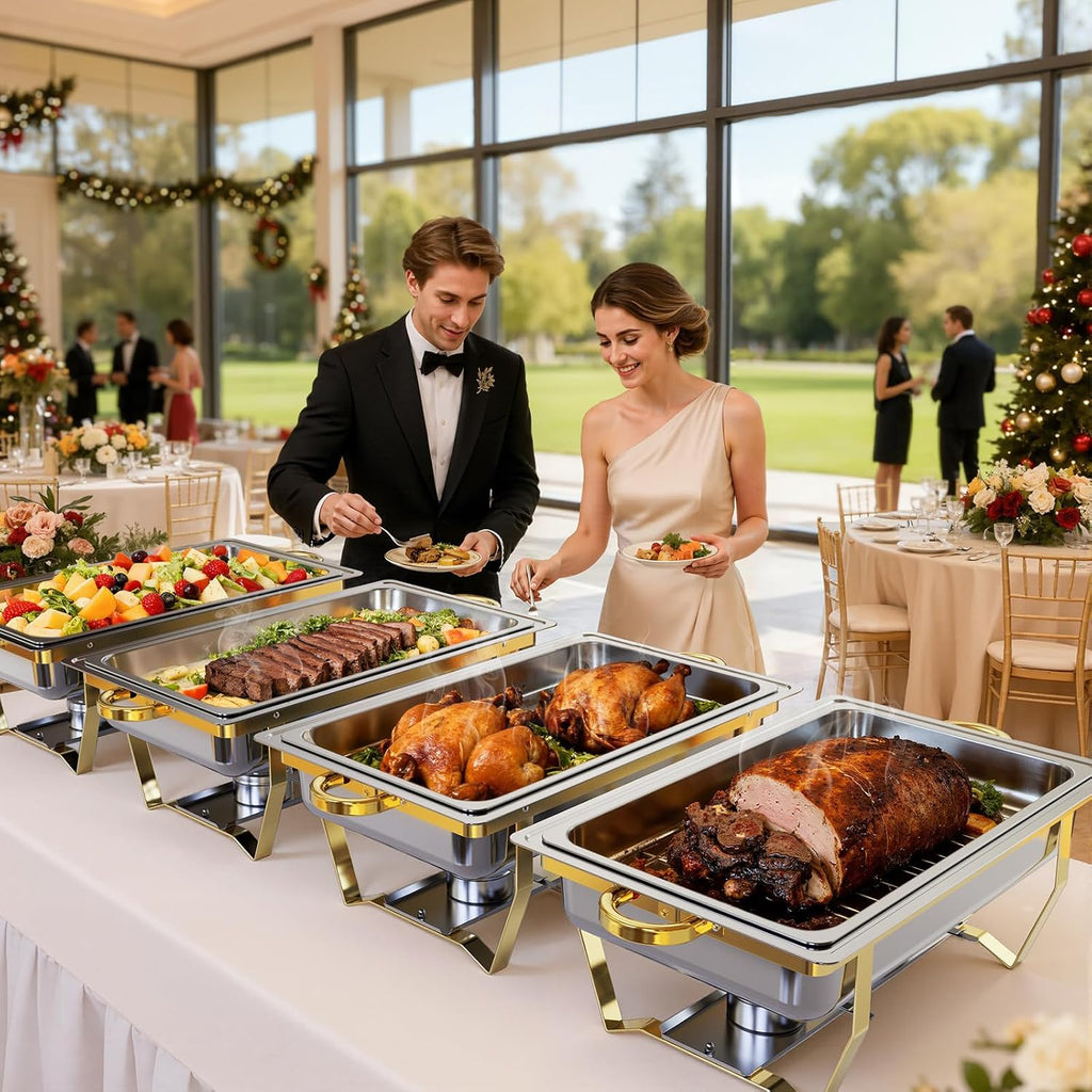 Chafing Dishes for Buffet 4 Pack, High Grade Chafing Dish Buffet Set, Buffet Food Warmers Screw-Free Installation with Stackable Design for Wedding/Home/Christmas Buffets, 4 Full Size Pans
