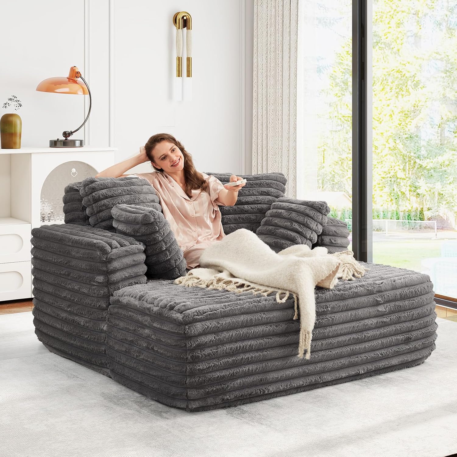 56" Oversized Chaise Lounge Chair Indoor,Plush Faux Fur Sleeper Sofa Couch Bed with Pillows&Wide Armrests,Fluffy Comfy Cloud Couch,Compression Foam Couch for Living Room,Bedroom(Grey)