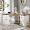 OKD 60" L Shaped Executive Desk with Drawers, Farmhouse Home Office Desk with Charging Station, File Cabinet Storage, Wood Corner Computer Desk for Work and Study, Antique White