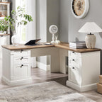 OKD 60" L Shaped Executive Desk with Drawers, Farmhouse Home Office Desk with Charging Station, File Cabinet Storage, Wood Corner Computer Desk for Work and Study, Antique White