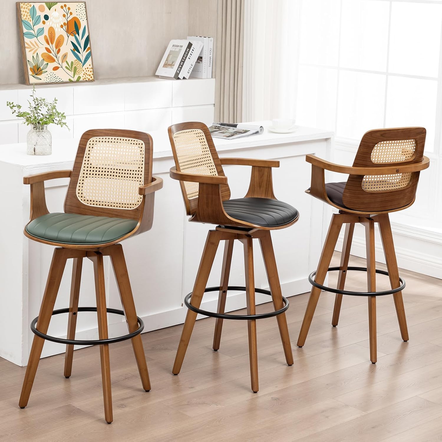 Counter Height Stools Set of 2, 26.3" Seat Height 360° Swivel Stools with Ergonomic Rattan Back, Faux Leather Seat, Bamboo Legs with Walnut Finish, Mid-Century Style (Cream)