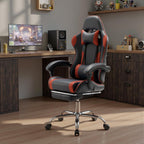 DUMOS Ergonomic Gaming Office Desk Chair with Footrest and Headrest for Adults, PU Leather Video Computer Chair with Linkage Armrests, Height Adjustable 360° Swivel Recling Chair, Black Red