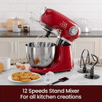 Kismile 5.5QT Tilt-Head Stand Mixer, 12-Speed Electric Mixer with 304 Stainless Steel Bowl - Includes Whisk, Dough Hook, Beater for Baking Bread, Cakes, Cookies（Red）