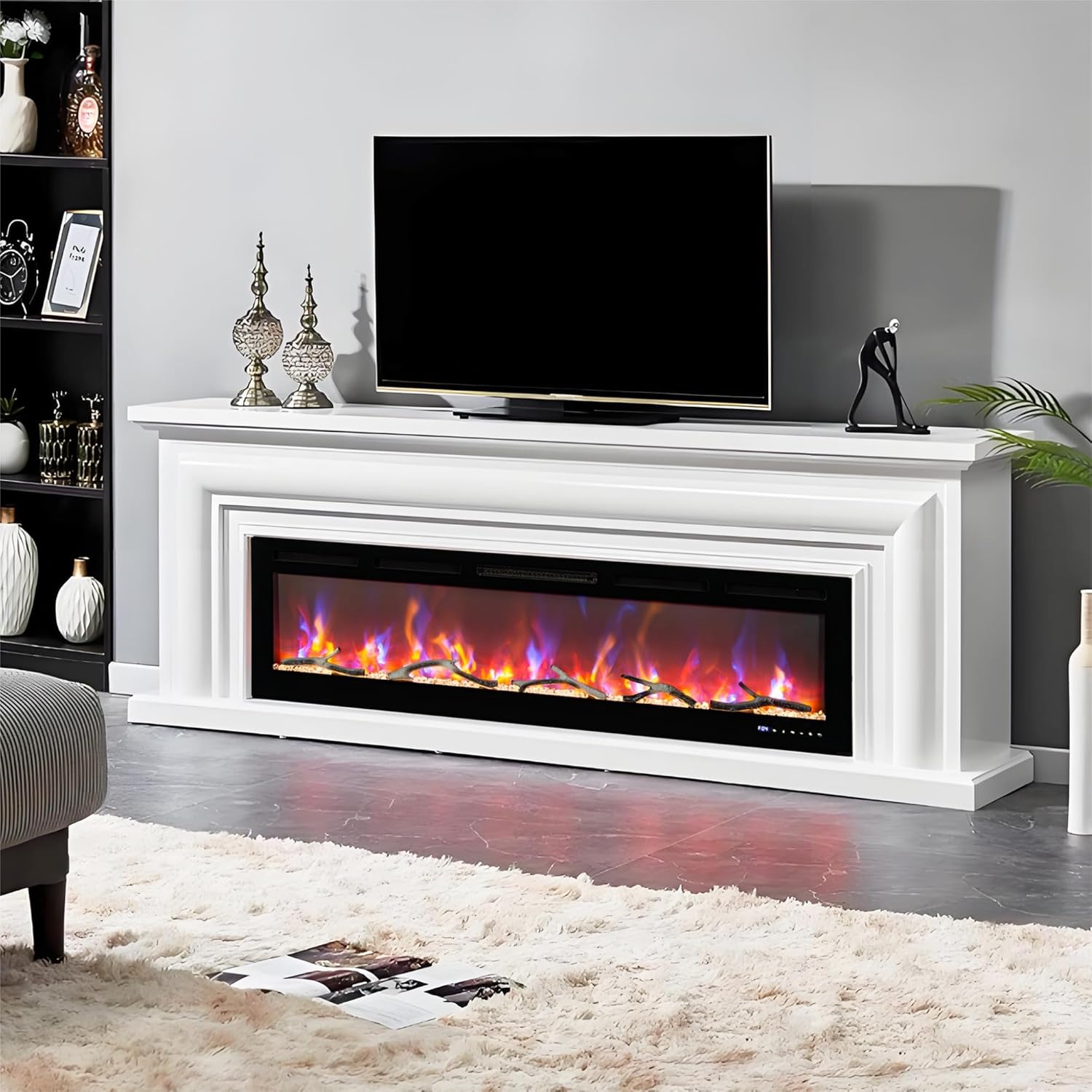 60" Recessed and Wall Mounted Electric Fireplace, Smart WiFi Infrared Electric Fireplace with Remote Control, Adjustable Flame Color, 750/1500W Fireplace Heater and Linear Fireplace, Black