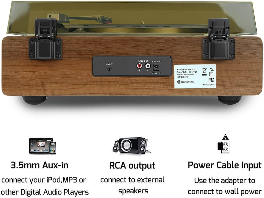 Vinyl Record Player with Bluetooth Input and Output  3 Speed Turntable Built in Speakers  RCA Output  AUX in  Earphone Jack  Retro Design for Home Audio