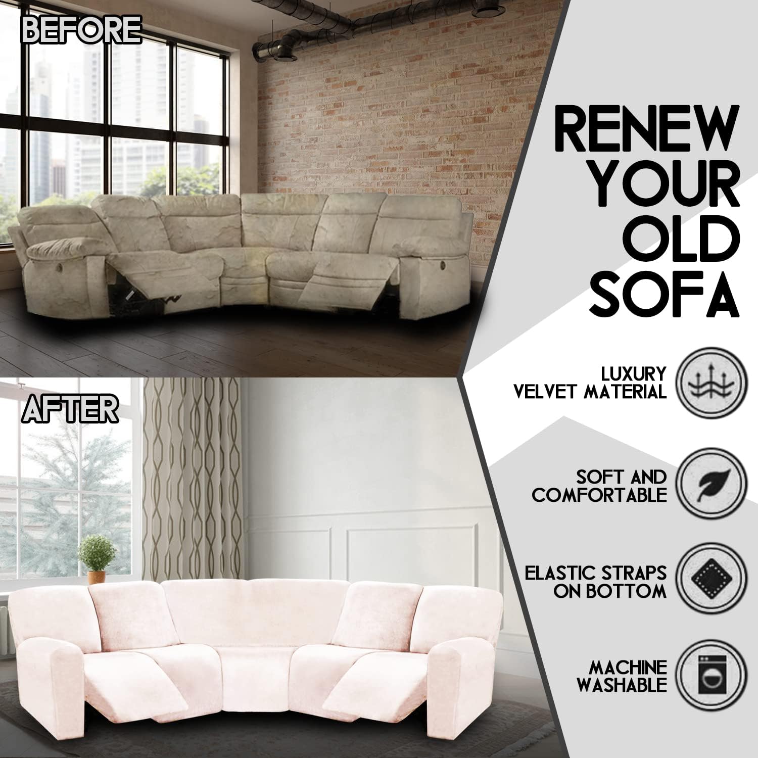 ULTICOR 7-Piece Sectional Recliner Sofa Covers, Velvet Stretch Reclining Couch Covers for Reclining Sofa, Thick, Soft, Washable (Ivory, L Shape 5 Seat Recliner Cover)