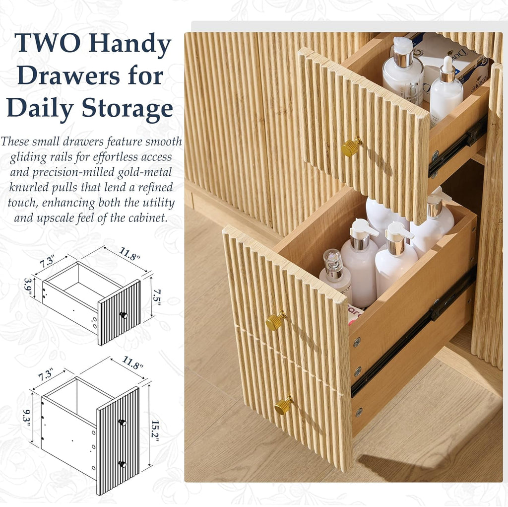 T4TREAM 48 Inch Bathroom Vanity with Sink, Modern Fluted Large Double Sink Bathroom Vanity with 2 Storage Cabinets, Adjustable Shelf, and 2 Drawers, Natural Oak
