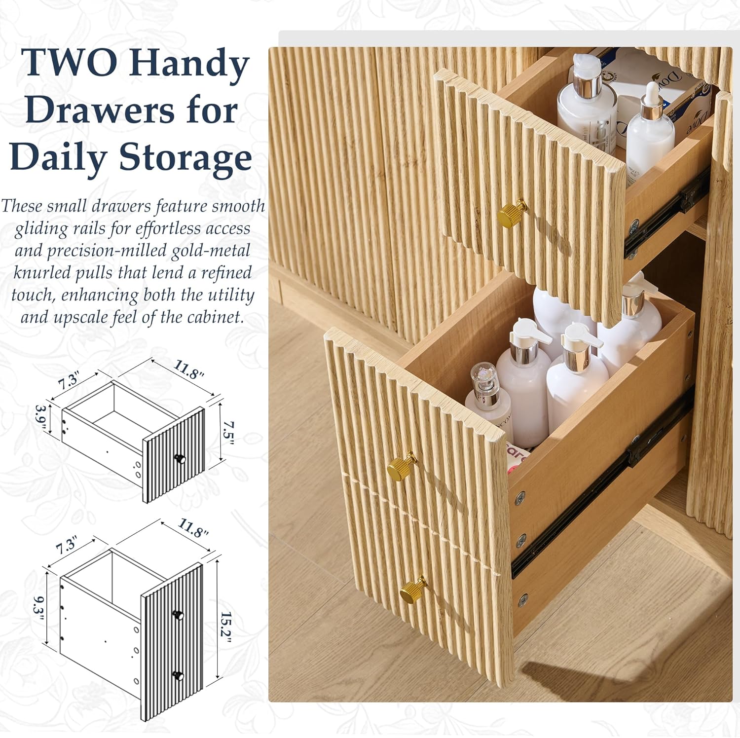 T4TREAM 48 Inch Bathroom Vanity with Sink, Modern Fluted Large Double Sink Bathroom Vanity with 2 Storage Cabinets, Adjustable Shelf, and 2 Drawers, Natural Oak