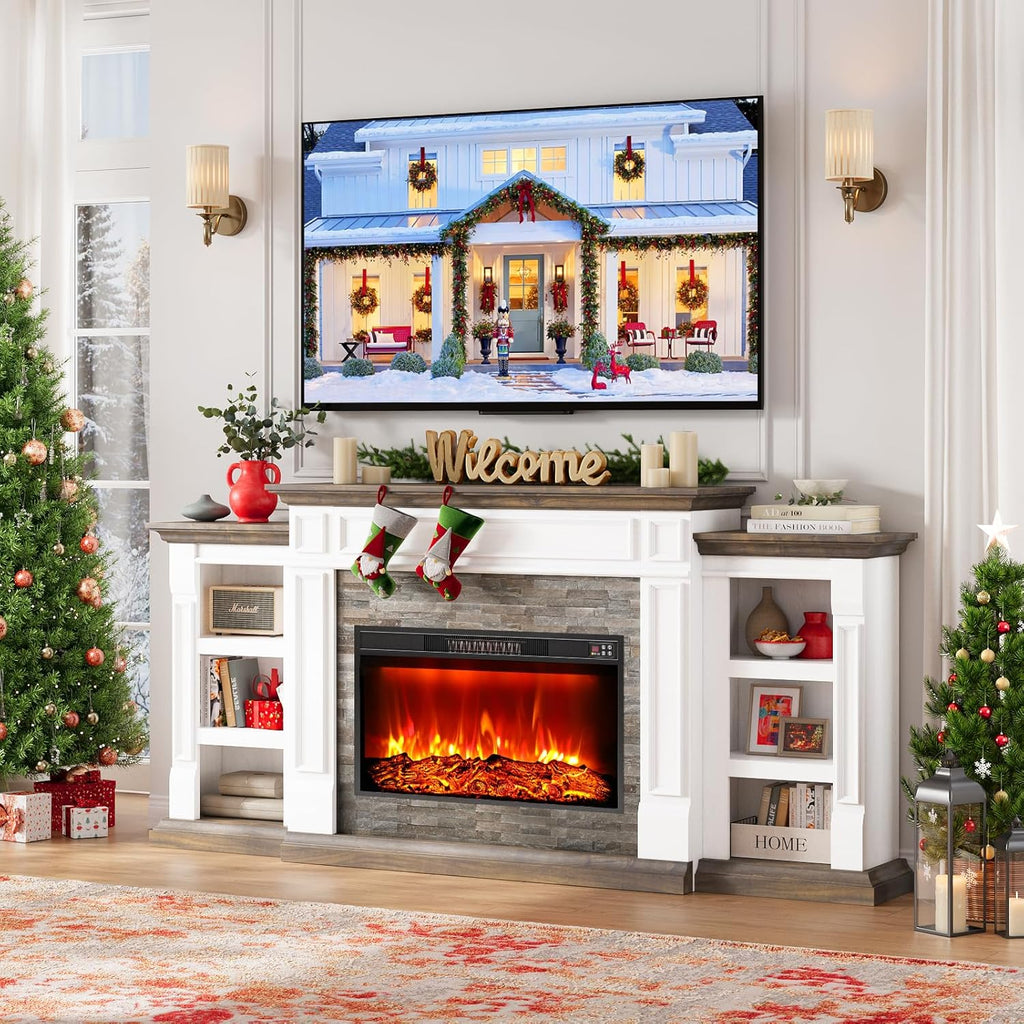 Naice 80" Electric Fireplace with Mantel and Cabinets, Fireplace TV Stand for Living Room Bedroom, Stacked Stone Surround and Remote Control 3D Realistic Flame, White&Brown