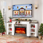 Naice 80" Electric Fireplace with Mantel and Cabinets, Fireplace TV Stand for Living Room Bedroom, Stacked Stone Surround and Remote Control 3D Realistic Flame, White&Brown