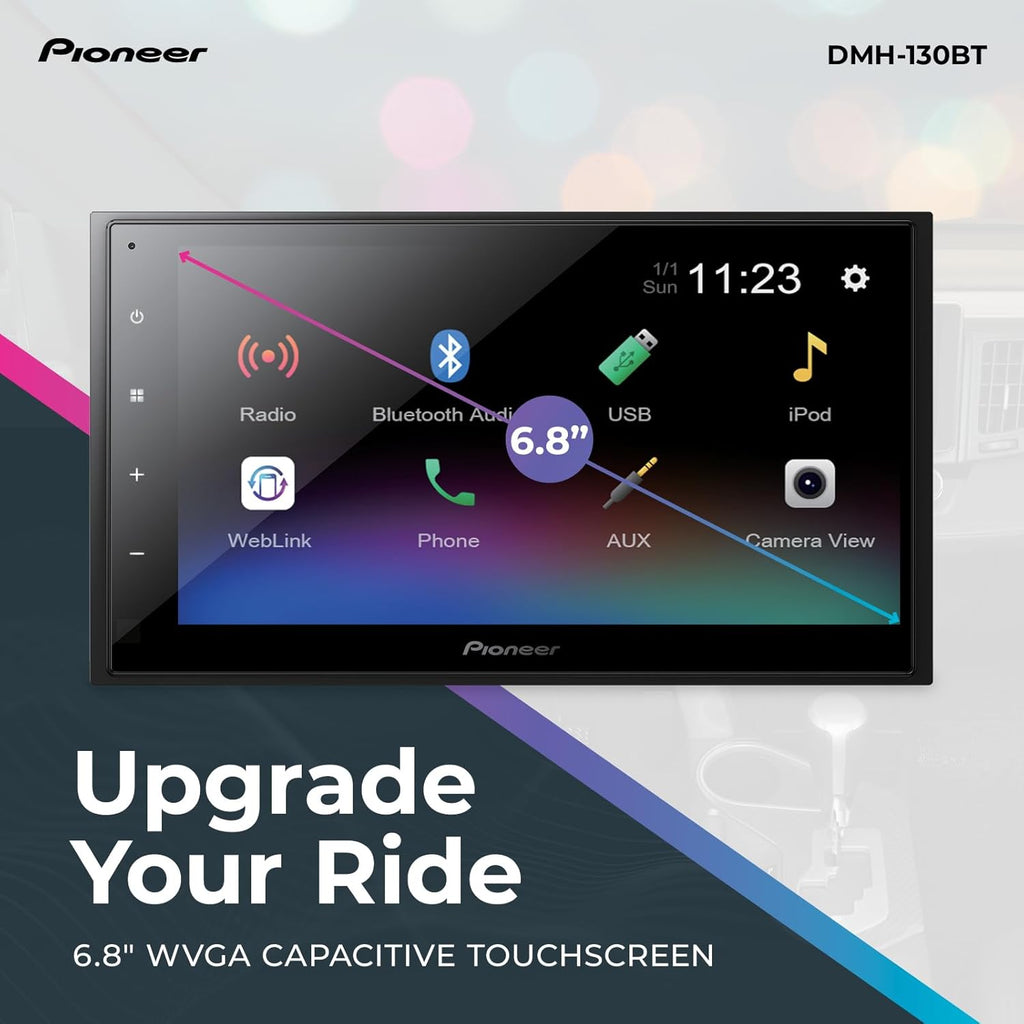 Pioneer DMH-130BT 6.8" Resistive Touchscreen  Double Din – Bluetooth  Backup Camera  USB  FLAC  AM/FM Radio  Short Chassis  50W x 4 Output  Steering Wheel Input