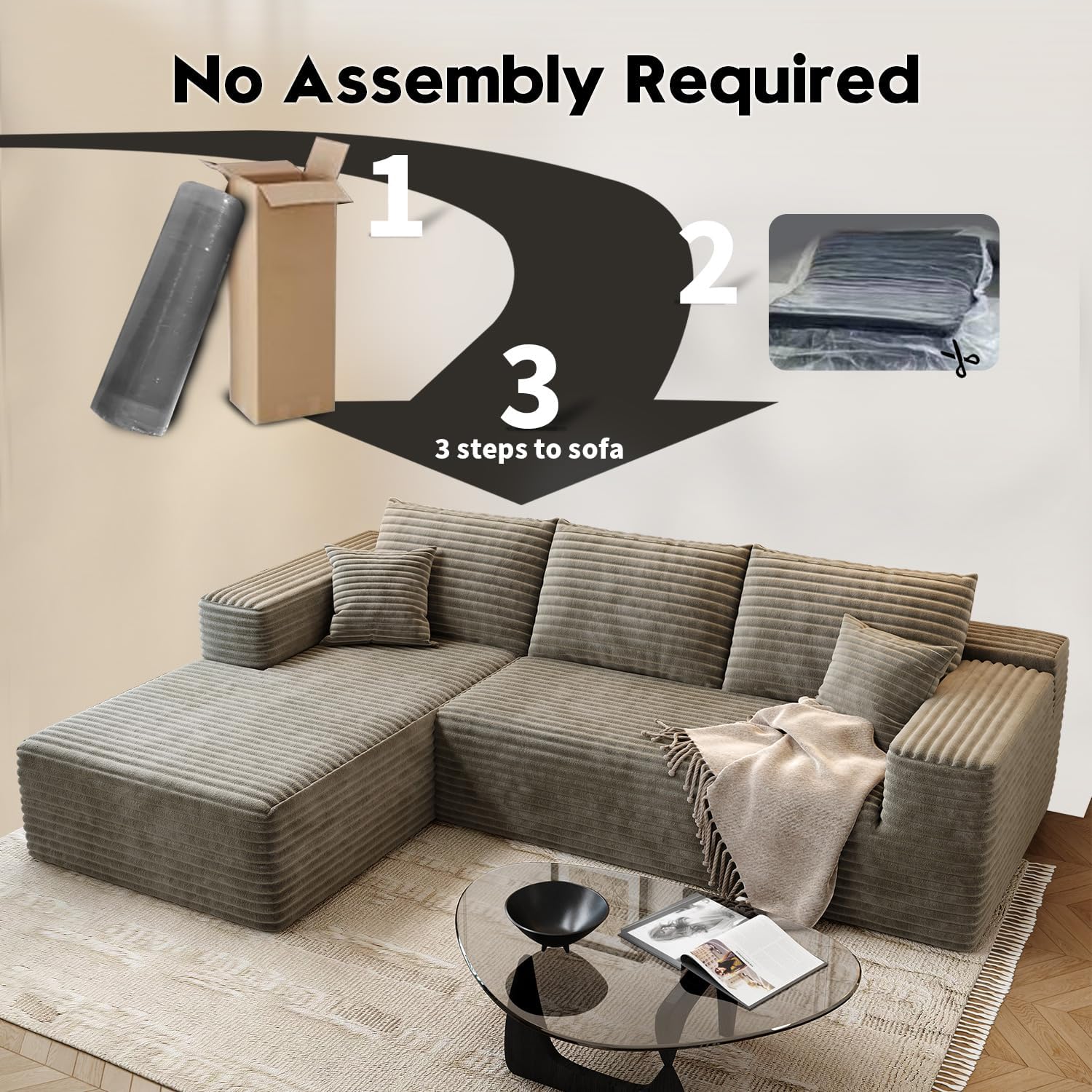 107.5" Cloud Modular Sectional Sofa Couch with L-Shape Chaise,Modern Minimalist Upholstered Couches for Living Room Bedroom,Deep Seat Corner Couch .No Assembly Required (Camel,Left Facing Chaise)