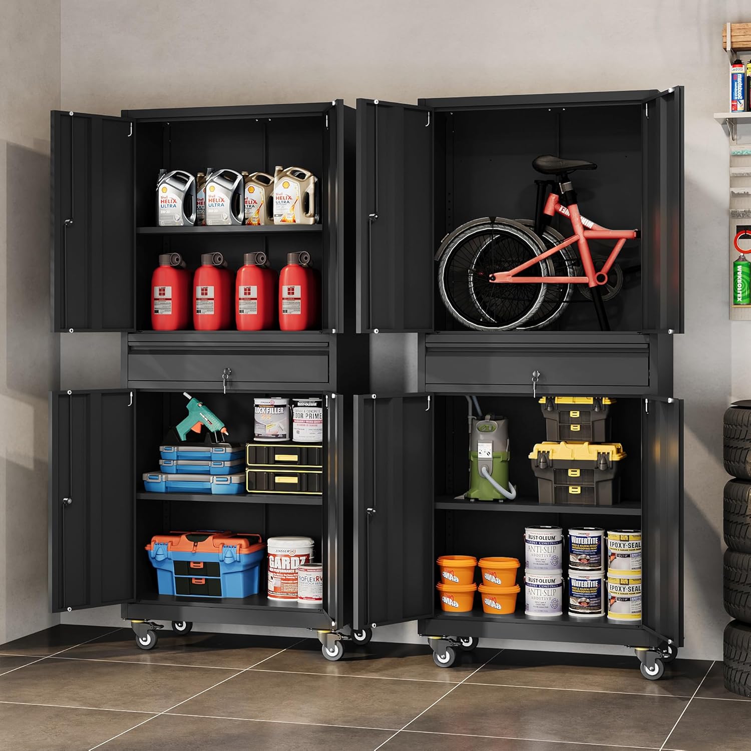 DEVAISE Metal Garage Storage Cabinet with Locking Doors and Drawer,71" Tool Cabinet with Adjustable Shelves & Wheels, 71" Steel Cabinet for Garage, Warehouse (Black)