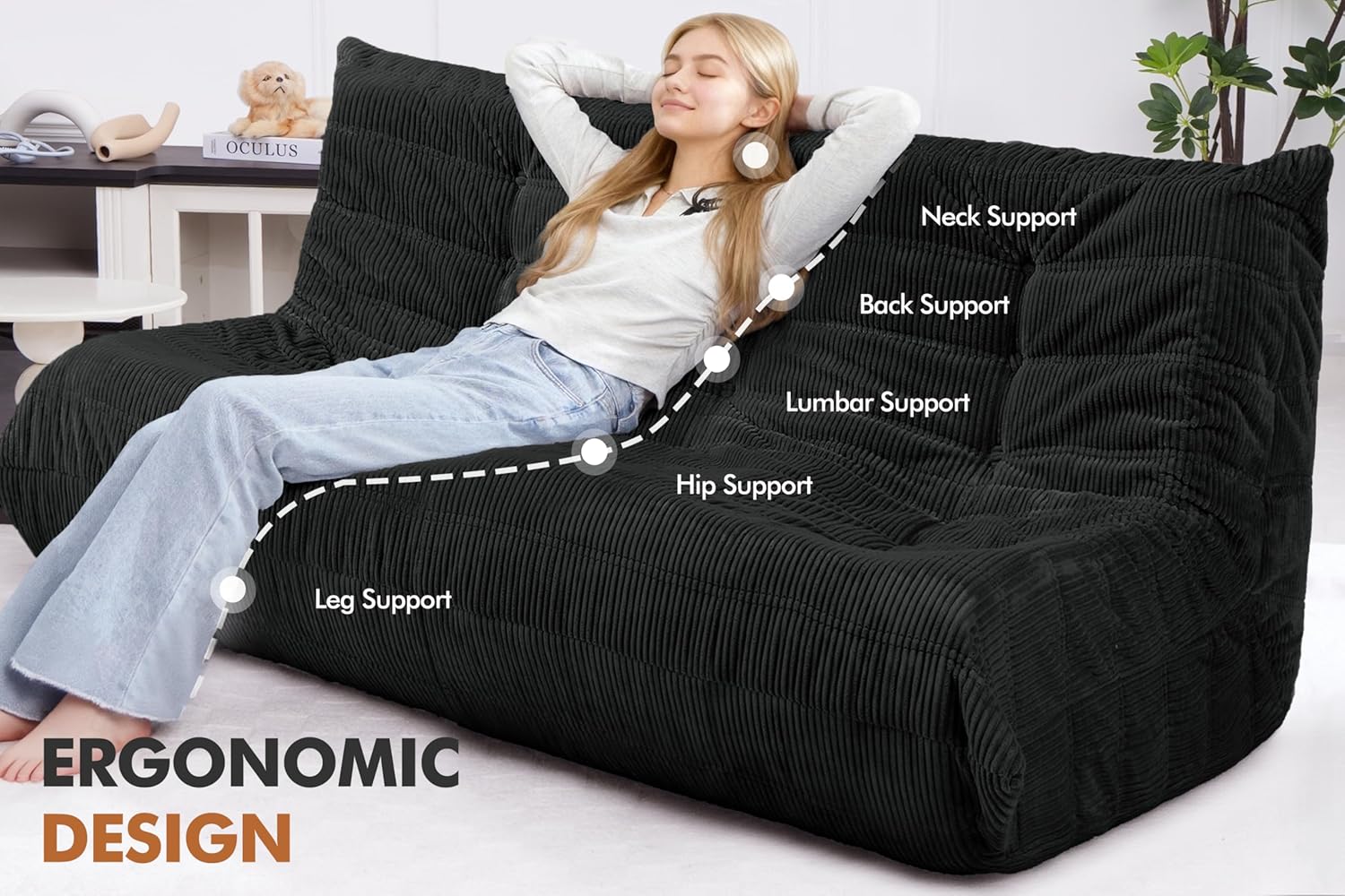 Bean Bag Chair,Giant Beanbag Chairs for Adults,Comfy Large Fireside Chair Lazy Sofa,Corduroy Bean Bag Lounger with Memory Foam Filled,Floor Sofa Couch for Home,Living Room (Black, 3-Seater)