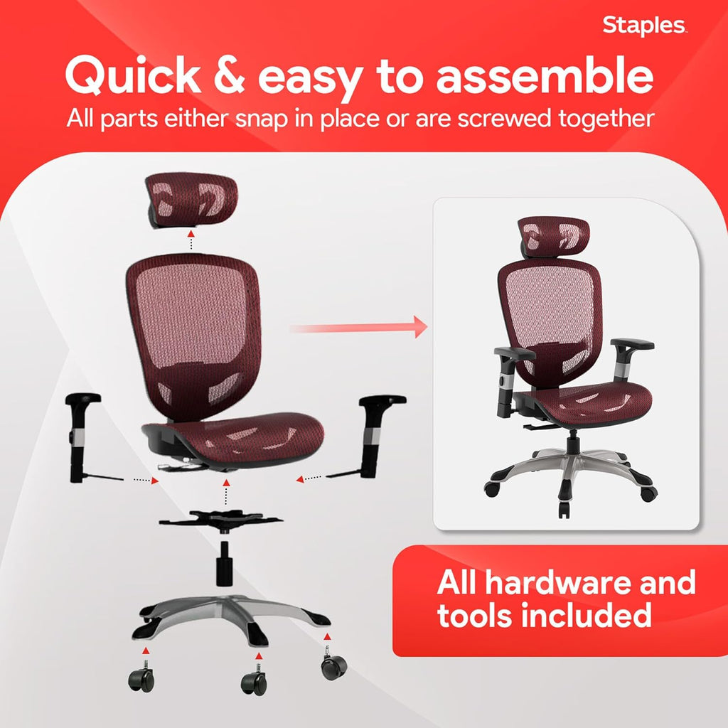 STAPLES Hyken Ergonomic Task Chair, Mesh, Ergonomic, Lumbar Support, Swivel, Maroon