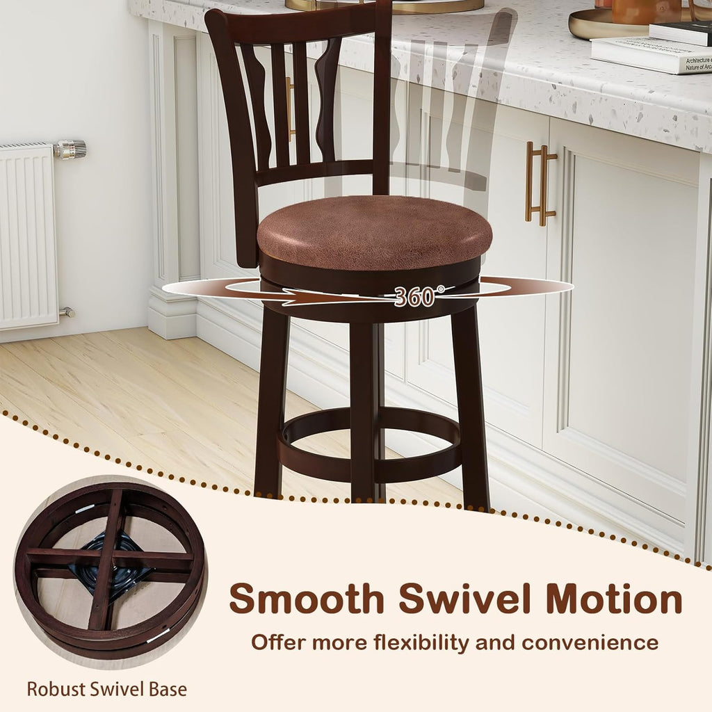 COSTWAY 30" Bar Height Stools Set of 4, Swivel High-Top Chairs with Backrest & Faux Leather Padded Seat, Rubber Wood Counter Barstools with Footrest for Kitchen Islands, Dining Room, Pub (4,30'')