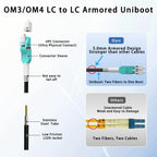 100M/328FT OM3/OM4 LC to LC Outdoor Armored Fiber Optic Patch Cable  Multimode Duplex 50/125μm  10Gb/40Gb/100Gb  Industrial TPU Jacket  Direct Burial  Uniboot  MMF  OD 5mm  Pulling Eye Kit Installed