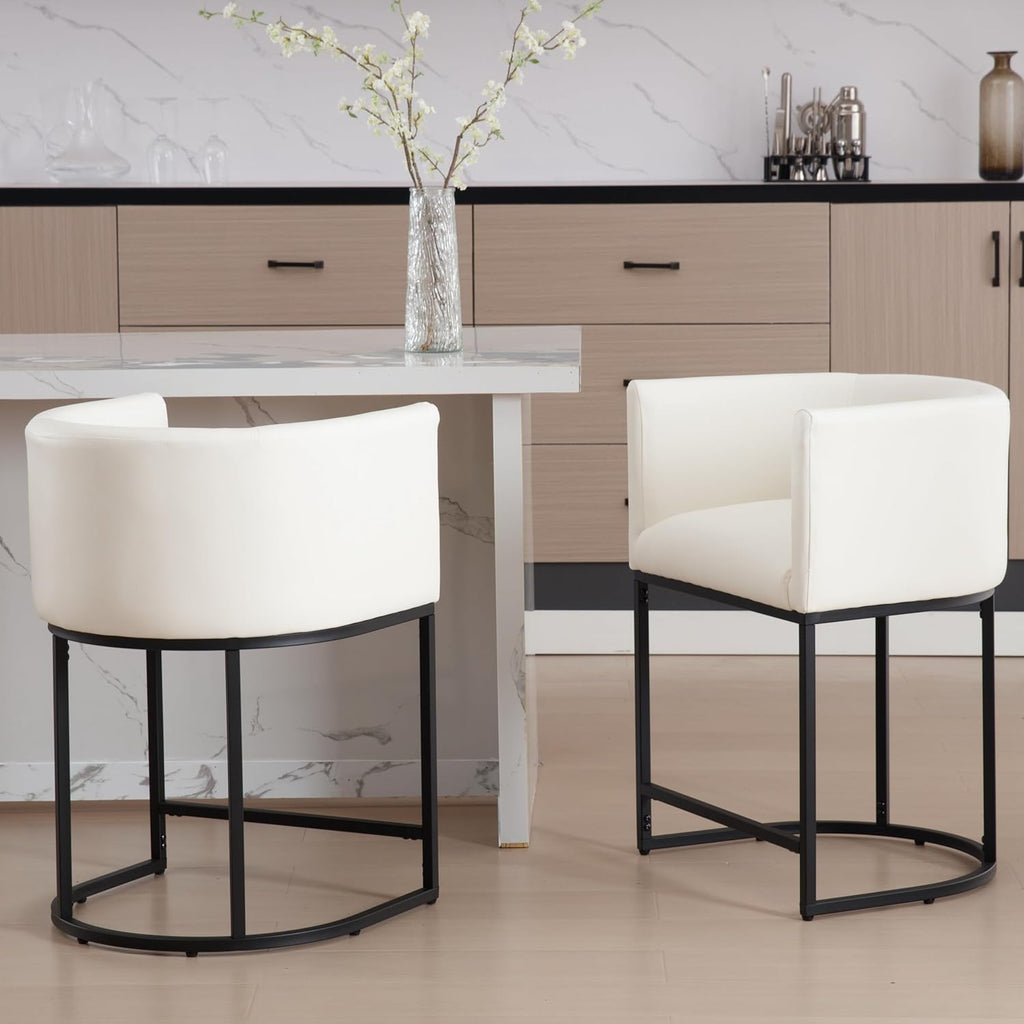 PU Leather Bar Stools Set of 3, Modern Upholstered Counter Height Bar stools 24" Leather Barstools Barrel Kitchen Counter Island Stools with Black Metal Base, White