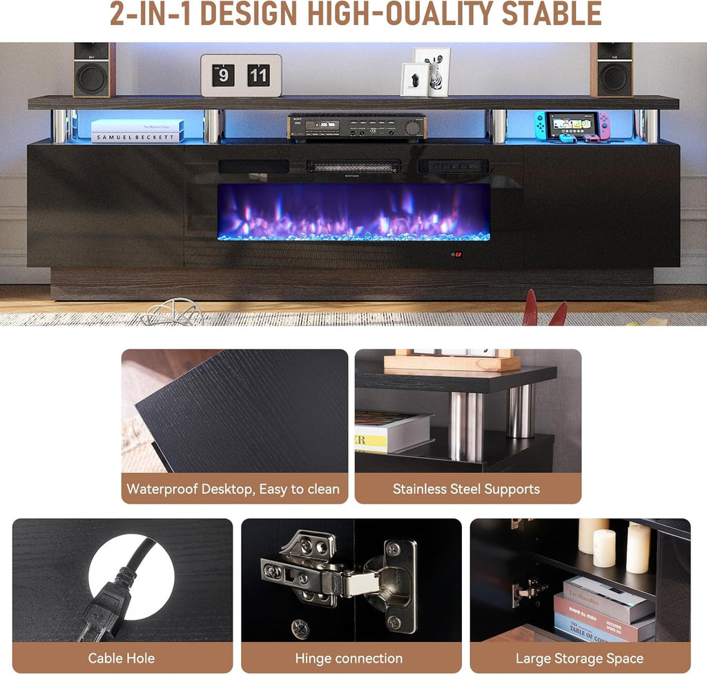 MXV 70" Fireplace TV Stand, Modern Entertainment Center & 36 Inch Electric Fireplace with Remote Control, LED Light, Fire Place Tv Stand for Living Room for TVs up to 80", Black + Black