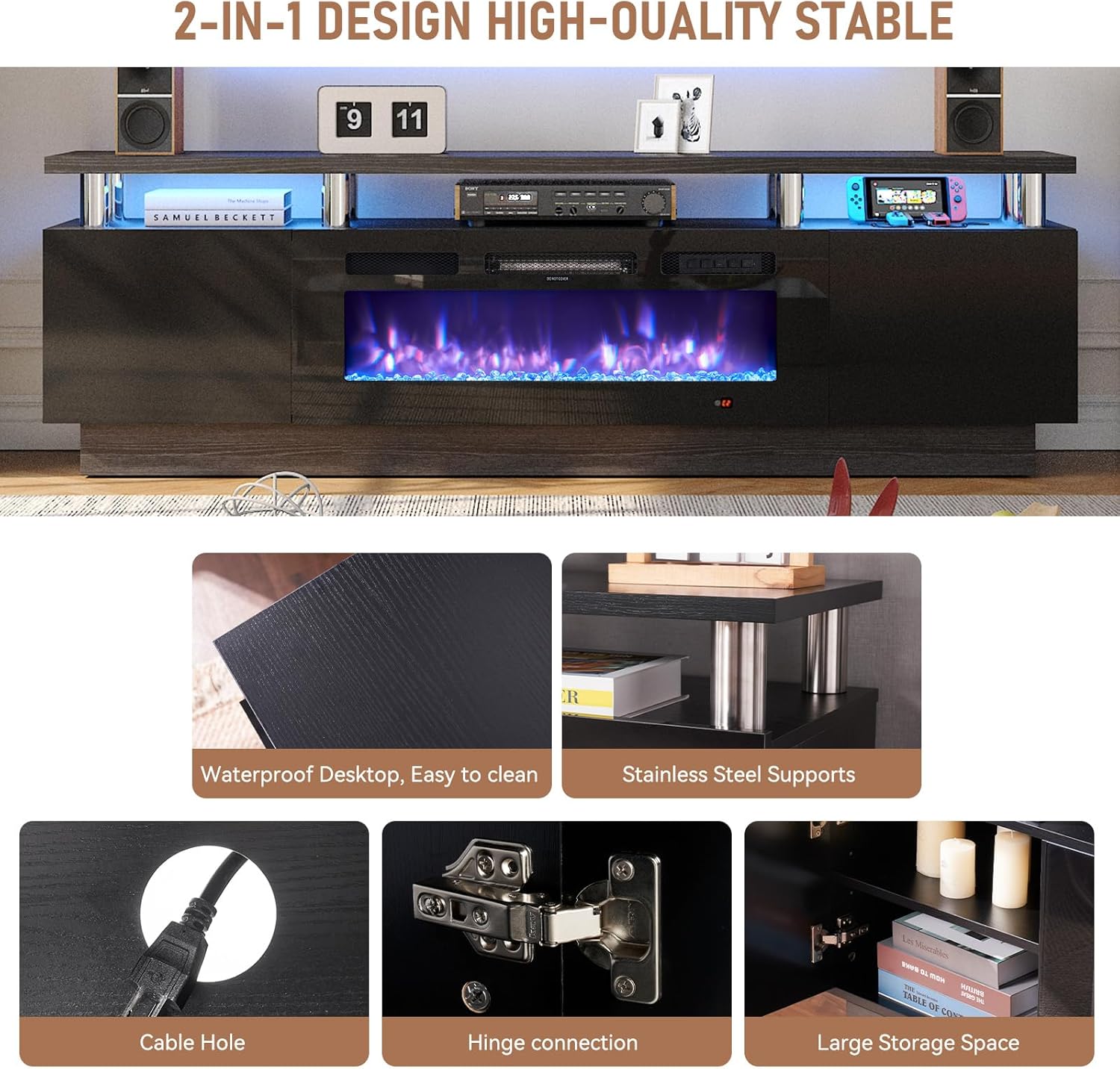 MXV 70" Fireplace TV Stand, Modern Entertainment Center & 36 Inch Electric Fireplace with Remote Control, LED Light, Fire Place Tv Stand for Living Room for TVs up to 80", Black + Black