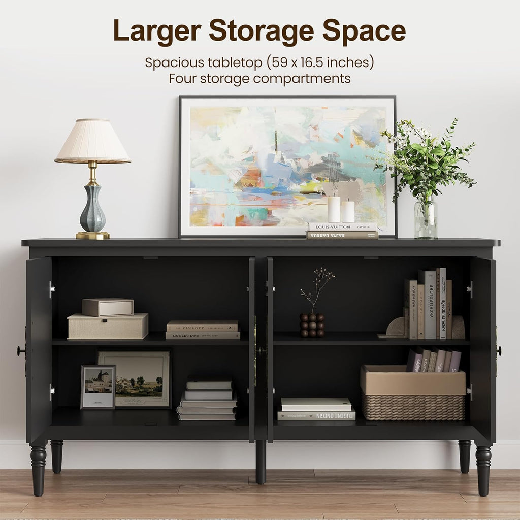 Console Table, 58'' Mid Century Modern Pantry Cabinet, Wood Buffet Sideboard, Media Credenza with 4 Doors, Accent Storage for Entryway, Living Room, Bedroom, Dining Room (Black)