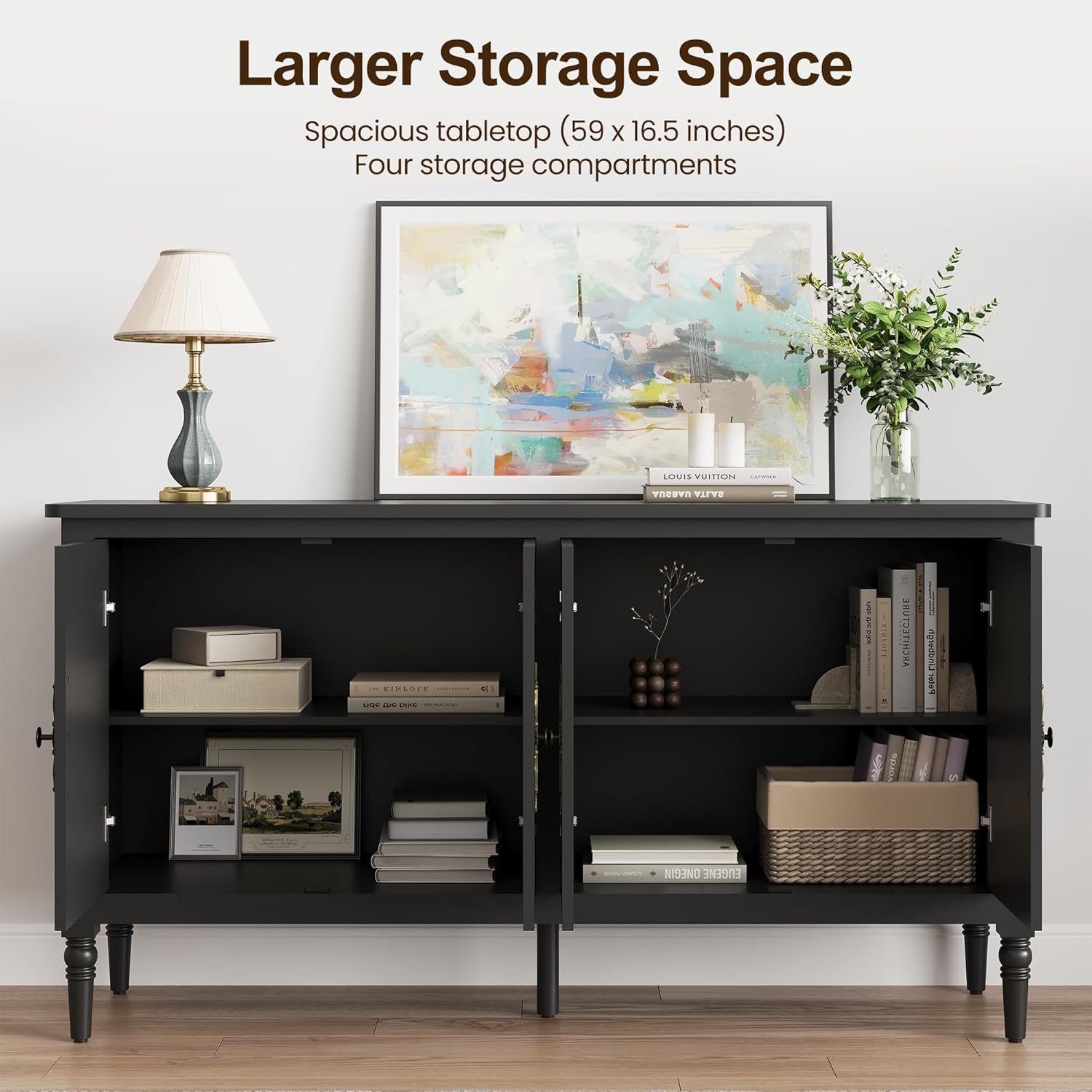 Console Table, 58'' Mid Century Modern Pantry Cabinet, Wood Buffet Sideboard, Media Credenza with 4 Doors, Accent Storage for Entryway, Living Room, Bedroom, Dining Room (Black)