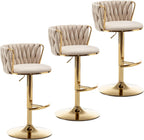 Gold Velvet Bar Stools Set of 3, Swivel Counter Height Bar Stools with Back, Adjustable Woven Barstools for Kitchen Island, Pub, Club (Beige)