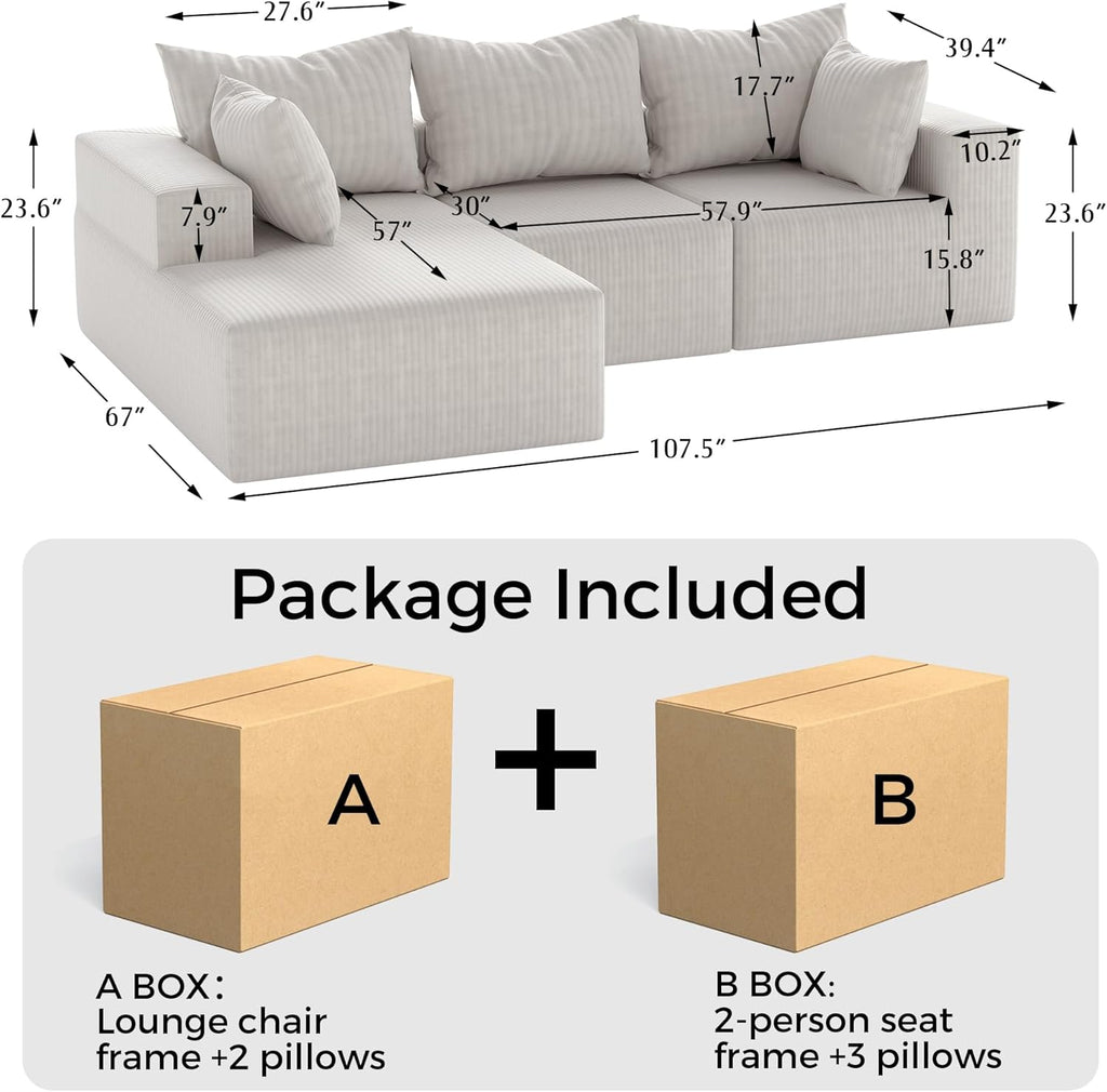 108"Modern Sectional Sofa,Modular Convertible L-Shape Sofas,Upholstered Couches with Deep Seat,Pet-Friendly Sponge Sofa for Living Room Bedroom,Sofa bed for small space (Beige, Left Facing Chaise)