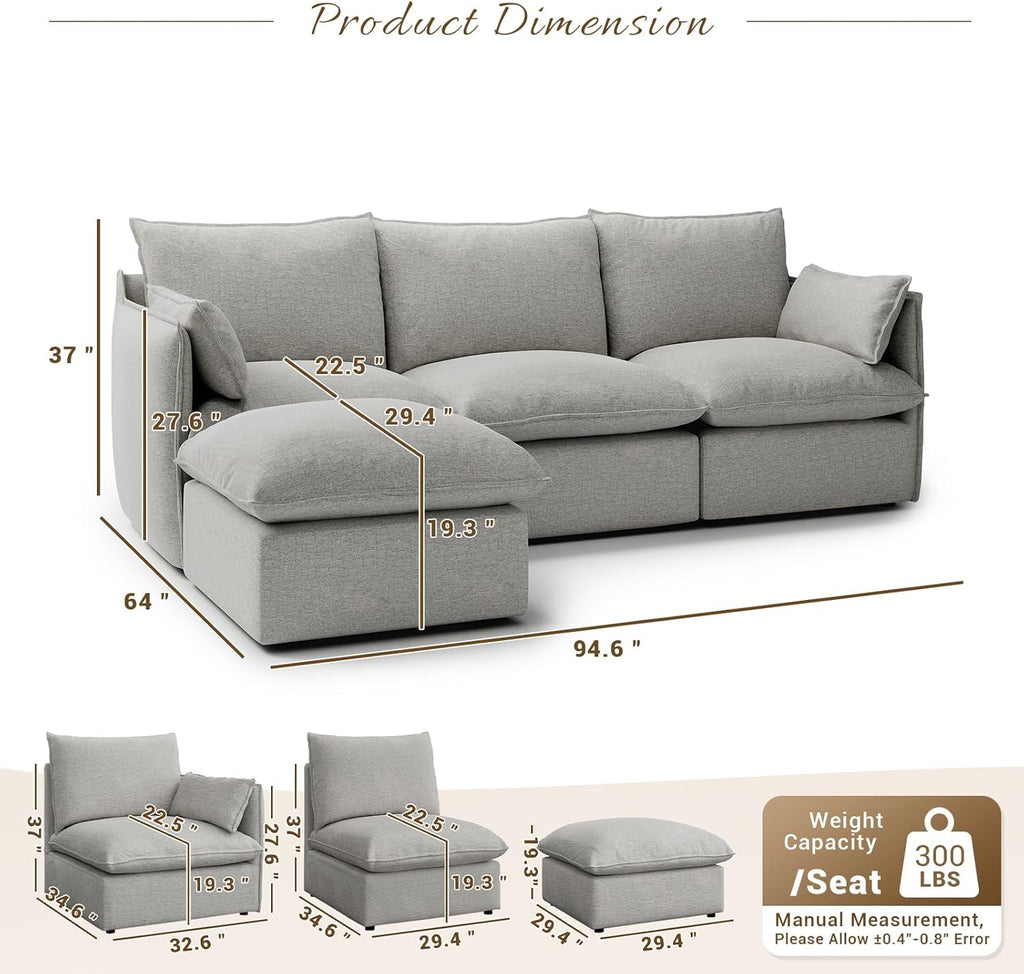 94.5" L Shape Cloud Modular Sectional,4 Seater Waterproof High Backrest Sectional Sofas,Down Filled Modular Couch with Removable Washable Cover for Living Room,Light Gray
