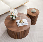 Fluted Round Nesting Coffee Table Set of 2, Mid Century Modern Wood Coffee Tables and End Table Set, Circle Side Table Minimalist Center Tables for Living Room, Office(Walnut)