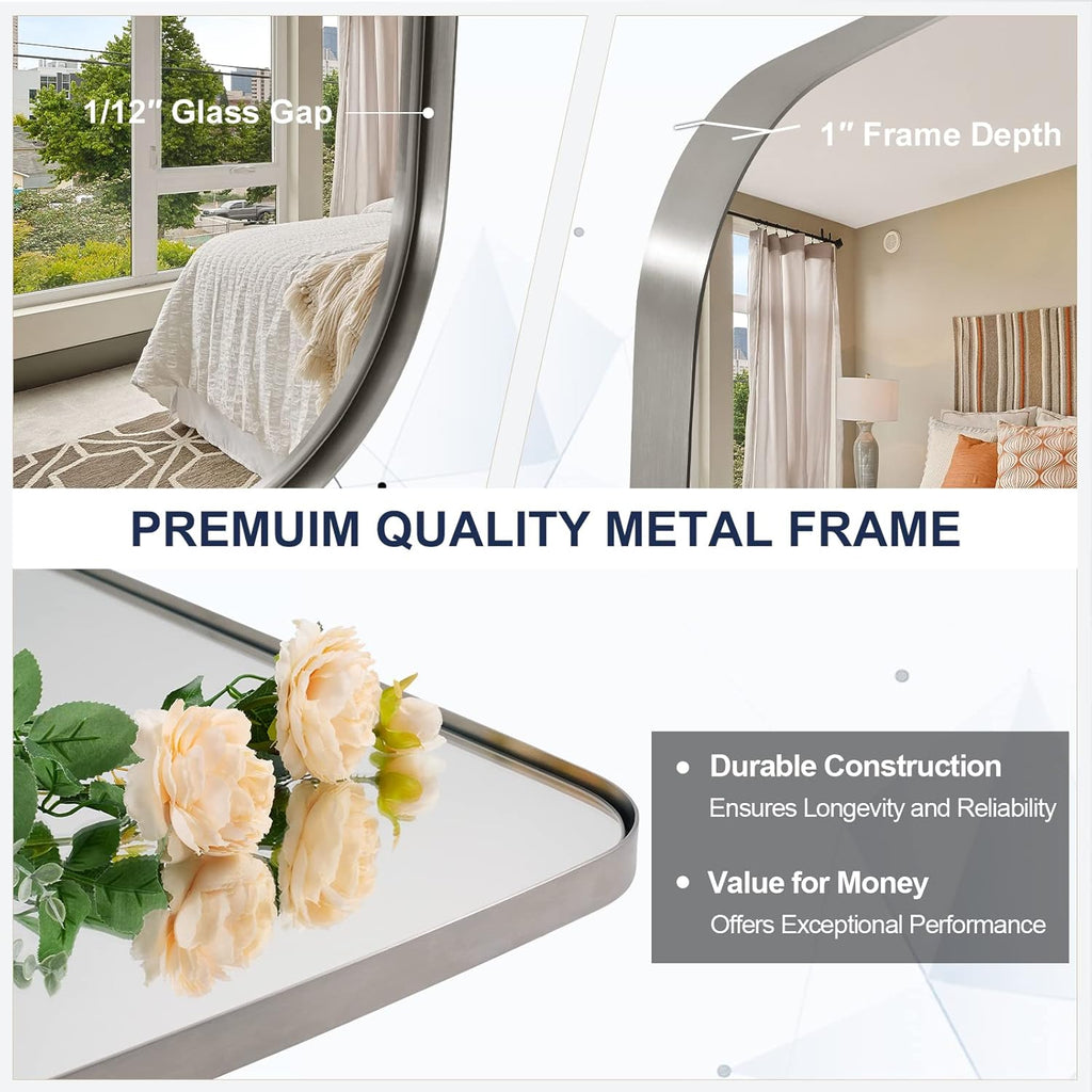 ANDY STAR Brushed Nickel Bathroom Mirror, 32x48 Oblong Mirror with Stainless Steel Metal Frame, Silver Oval Vanity Mirror for Over Sink, Modern Anti Rust Wall Mounted