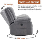 Power Swivel Rocker Recliner with Massage and Heat, USB Port, Infinite Position, Oversized Electric Glider Rocking Chairs Living Room, Soft Fabric Reclining Sofa Chair(Misty Gray)