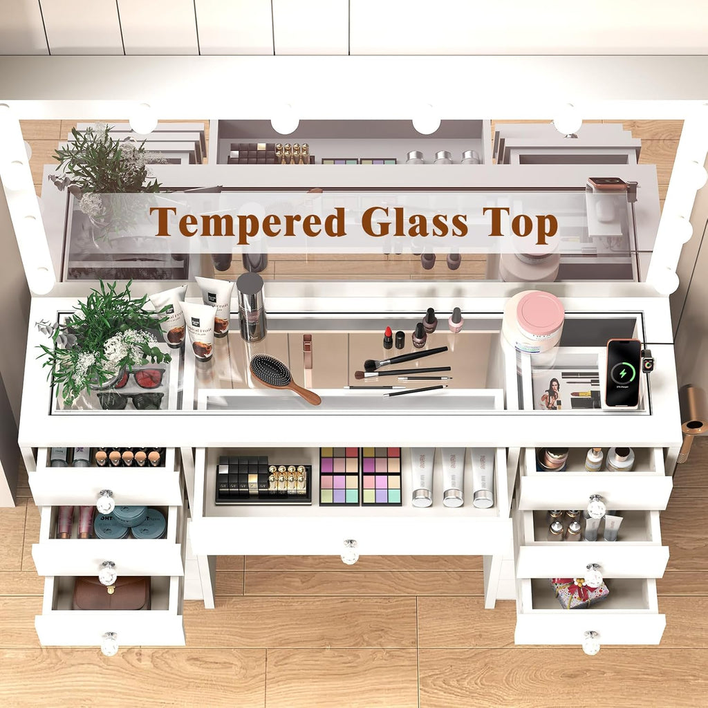 15 Drawers Vanity Desk, Large Makeup Vanity with Power Outlet, Vanity Table with Mirror and Light, 3 Color Lighting Modes, Tempered Glass Top, Dressing Table for Bedroom (White)