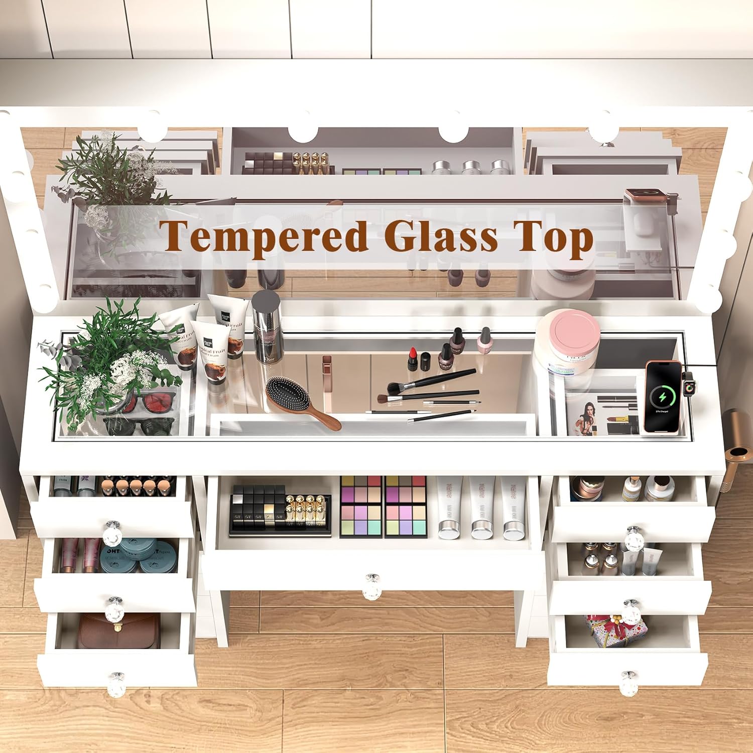 15 Drawers Vanity Desk, Large Makeup Vanity with Power Outlet, Vanity Table with Mirror and Light, 3 Color Lighting Modes, Tempered Glass Top, Dressing Table for Bedroom (White)