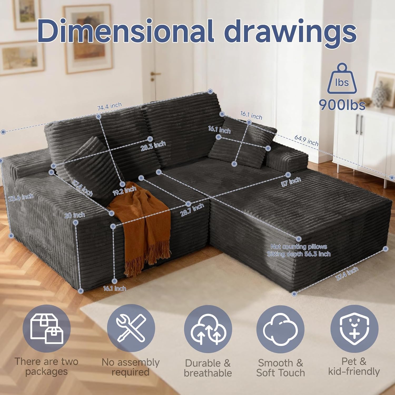 75" Cloud Modular Boneless Couch, L-Shaped Right Facing Chaise Sectional Sofa, Deep Seat Plush Corduroy Upholstery - Memory Foam Comfy Fluffy Couches for Living Room Bedroom, No Assembly Required