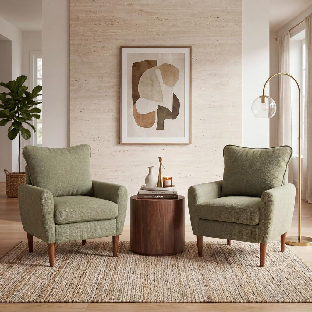 OLIXIS Comfy Accent Chair for Living Room Bedroom and Waiting Room, Upholstered Mid-Century Reading Chair with Pillow and Solid Wood Legs, Wide Singe Modern Lounge Sofa (Green)