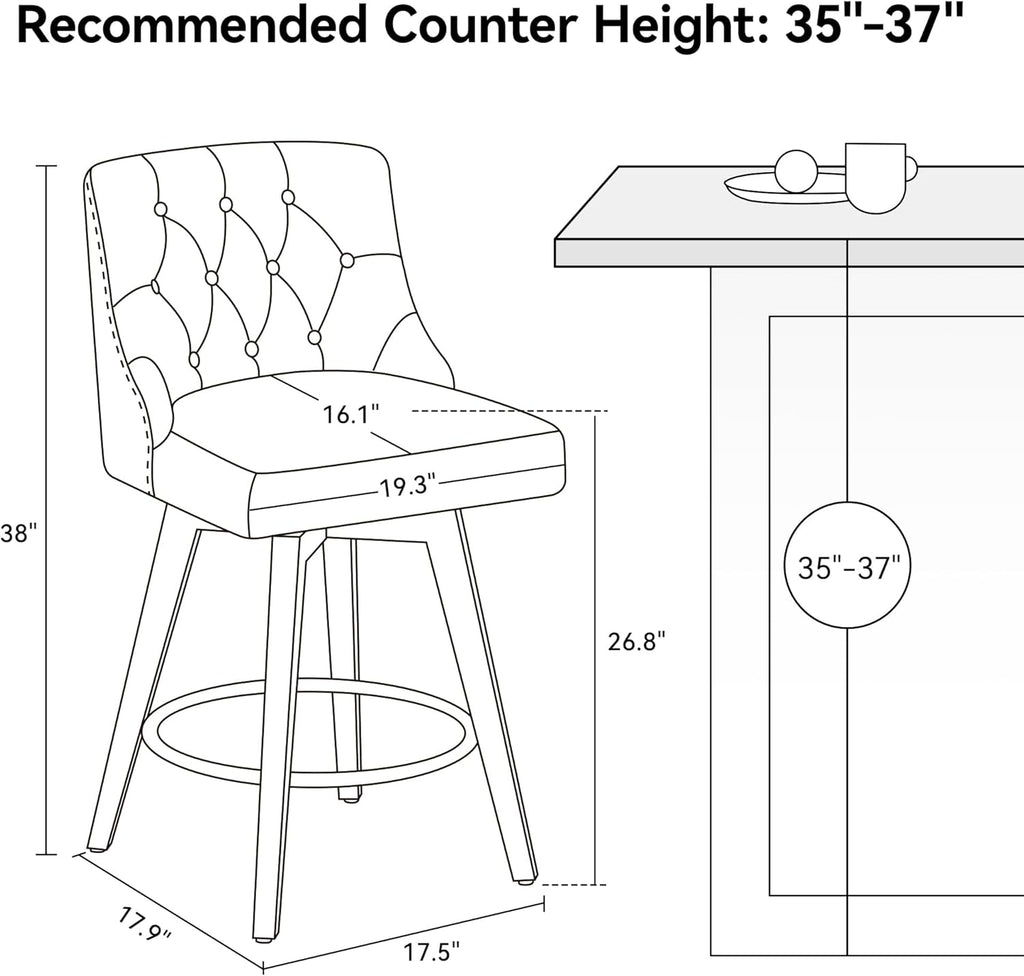 Counter Height Bar Stools Set of 2, Modern Swivel Barstools with Back and Wood Legs, Linen Fabric Upholstered Counter Height Stools, 26" H Kitchen Island Stools, Home Bar, Pub, Ivory
