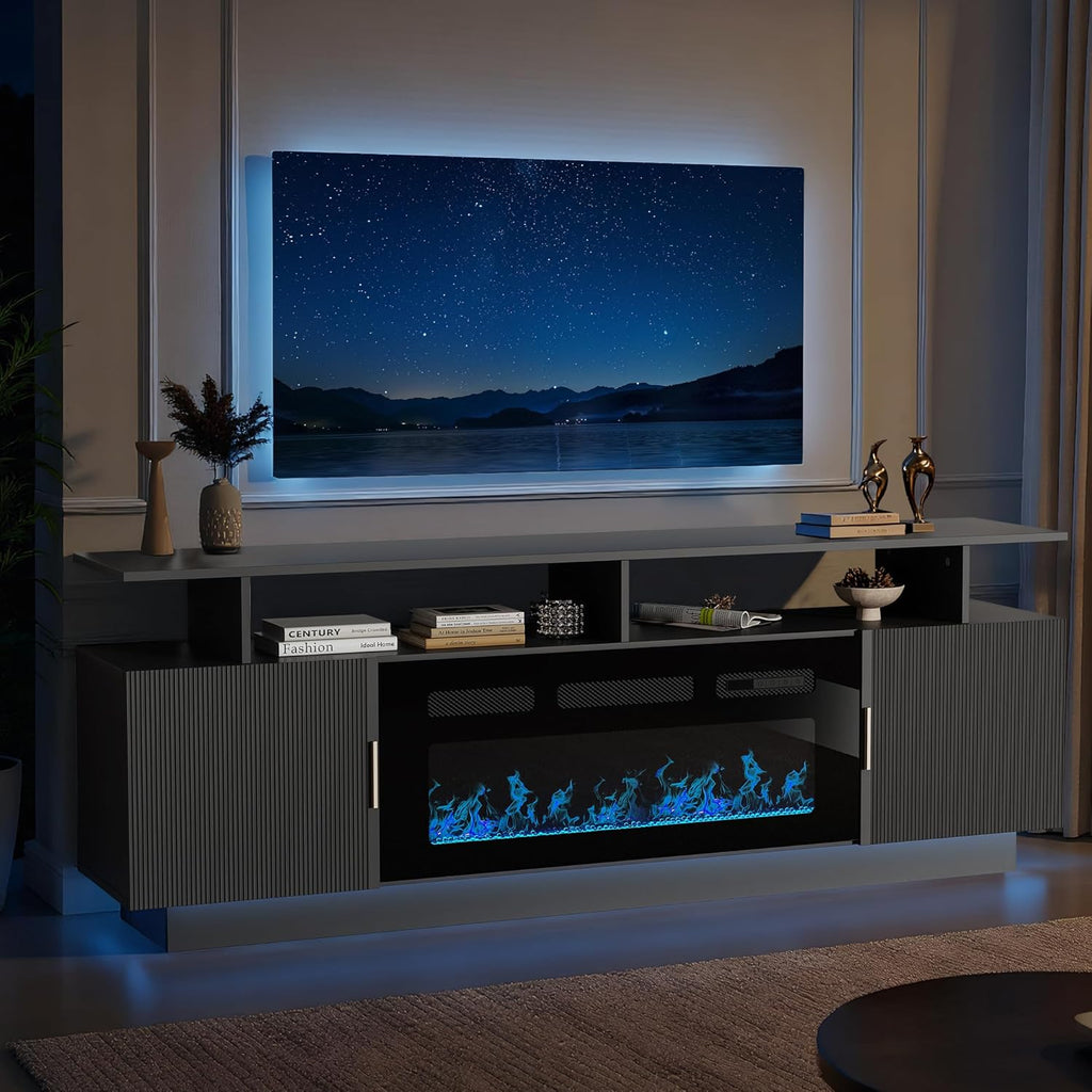 70” Fluted TV Stand with 36” Electric Fireplace, 2 Tier TV Console Cabinet with Storage Cabinet, LED Lights, Power Outlet, Modern Wood Entertainment Stand Fits TVs up to 80" for Living Room (Black)