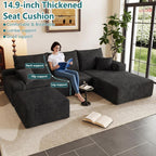 95" U-Shape Cloud Couch, Modern Modular Sectional L-Shape Sofa with Ottoman, Corduroy Upholstered Couches Deep Seat Sleeper Chaise Longue for Living Room, No Assembly Required(Black, Right Facing)
