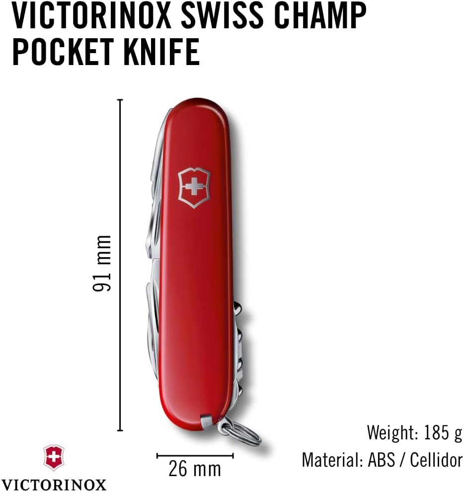 Victorinox Swiss Champ Swiss Army Knife, 33 Functions, Swiss Made Pocket Knife with Large Blade, Screwdriver, Chisel and Combination Pliers - Red