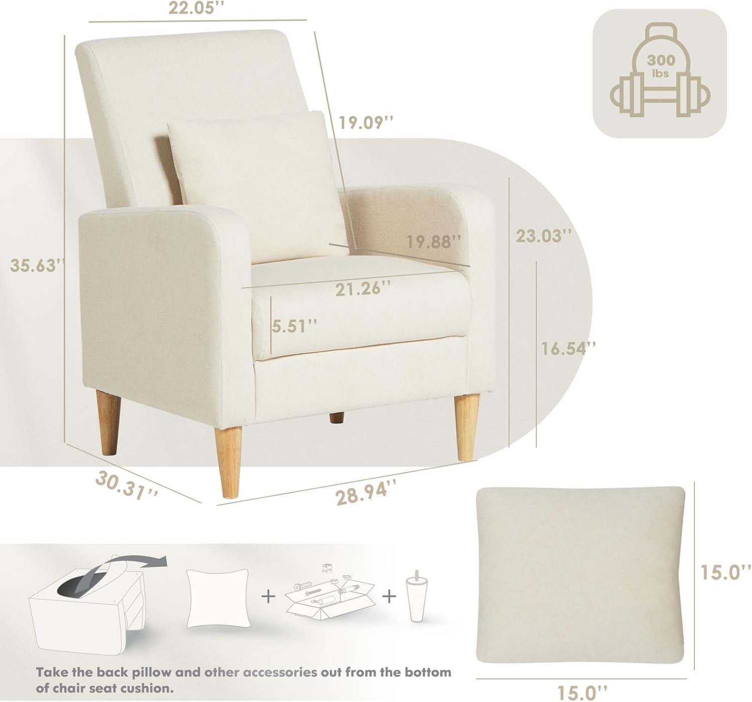 COLAMY Sherpa Upholstered Accent Chair Armchair with Pillow, Fabric Reading Living Room Side Chair,Single Sofa with Lounge Seat and Wood Legs, Cream
