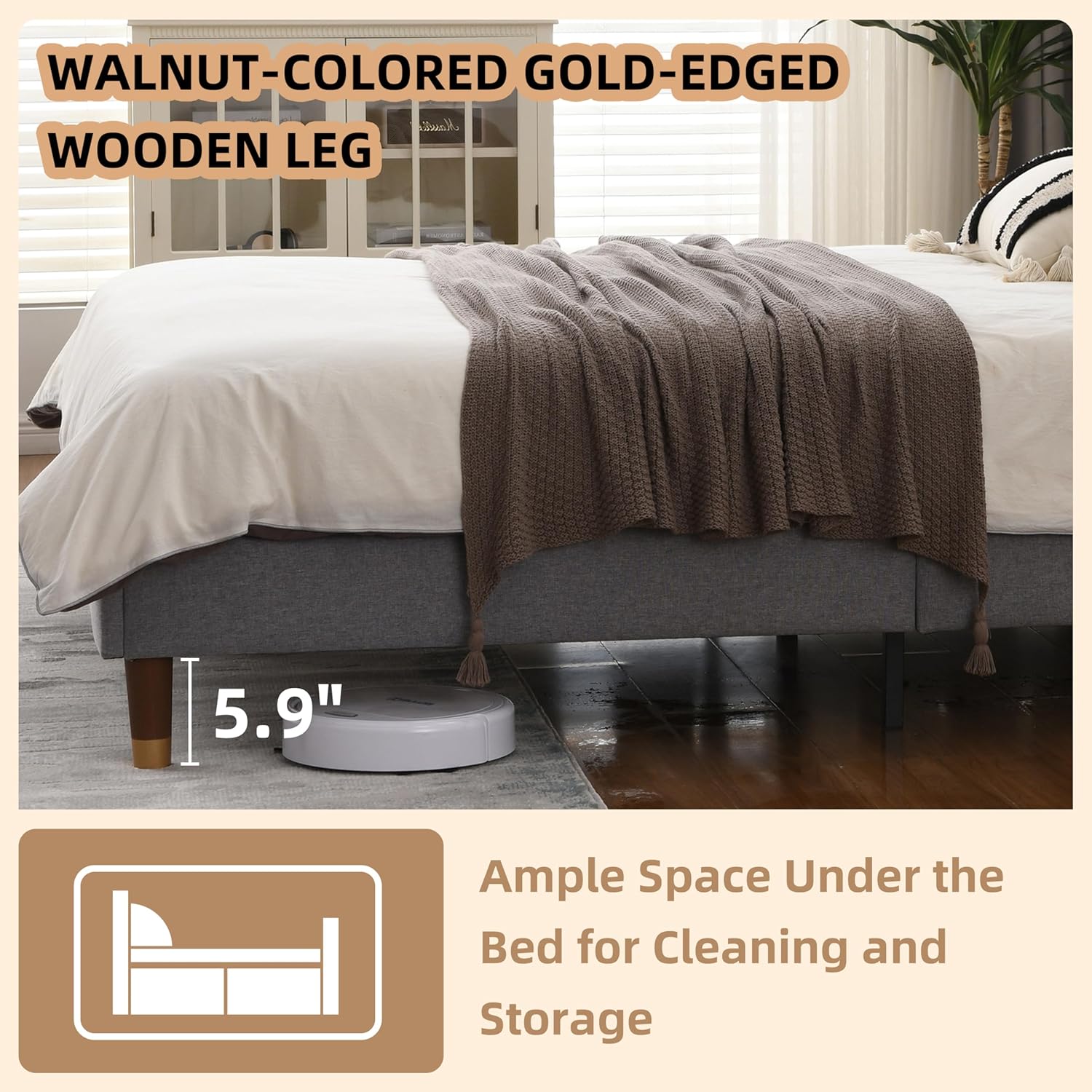 King Size Upholstered Platform Bed Frame with Wingback Headboard, Linen Fabric & Wooden Slats Support, Modern Golden PVC Material Edge for Bedroom,No Box Spring Needed, Easy to Assemble, Grey