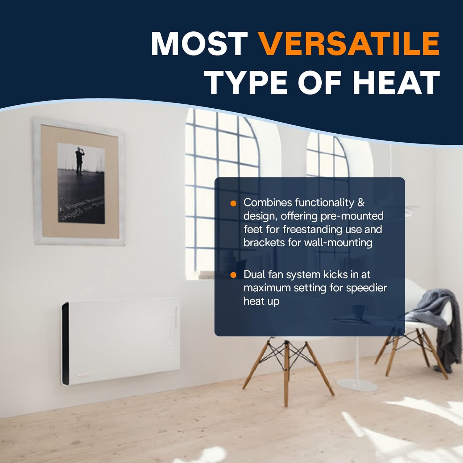 DeLonghi Convection Panel Heater, Full Room Quiet 1500W, portable electric heater is freestanding/easily wall mounted. Energy Saving, quick heat distribution, timer, white, HCX9115E
