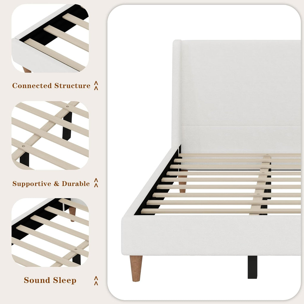 Upholstered Bed Frame King Size, 43" Tall Headboard Wingback Upholstered Platform Beds Bedframe for Kids Teens Adults Bedroom Strong Wood Slats Support No Box Spring Needed, Ivory Boucle