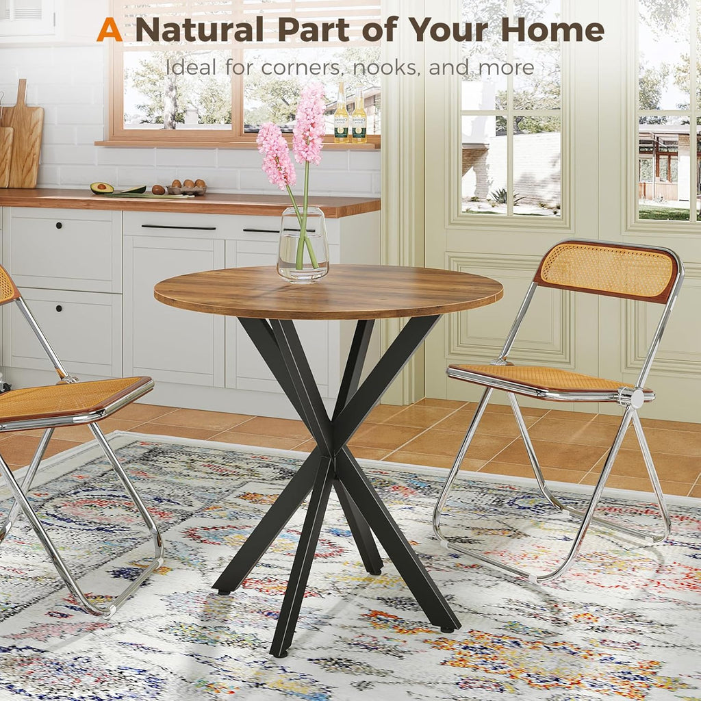 Unovivy 31.5" Small Round Dining Table for 2-4, Space Saving Circle Kitchen Dinner Table, Industrial Mid Century Modern Dining Room Desk for Kitchen, Apartment, Light Brown