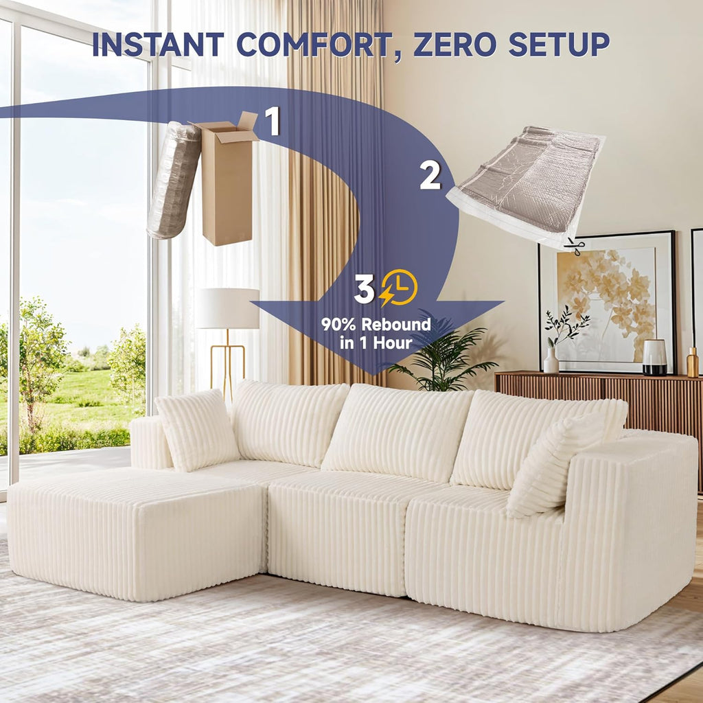 Modular Sectional Sofa, Cloud Couch with Extra-Wide Deep Seats, No-Assembly Plush Corduroy Sleeper Sofa for Living Room or Apartment (Light Cream, L-Shaped:3+1)